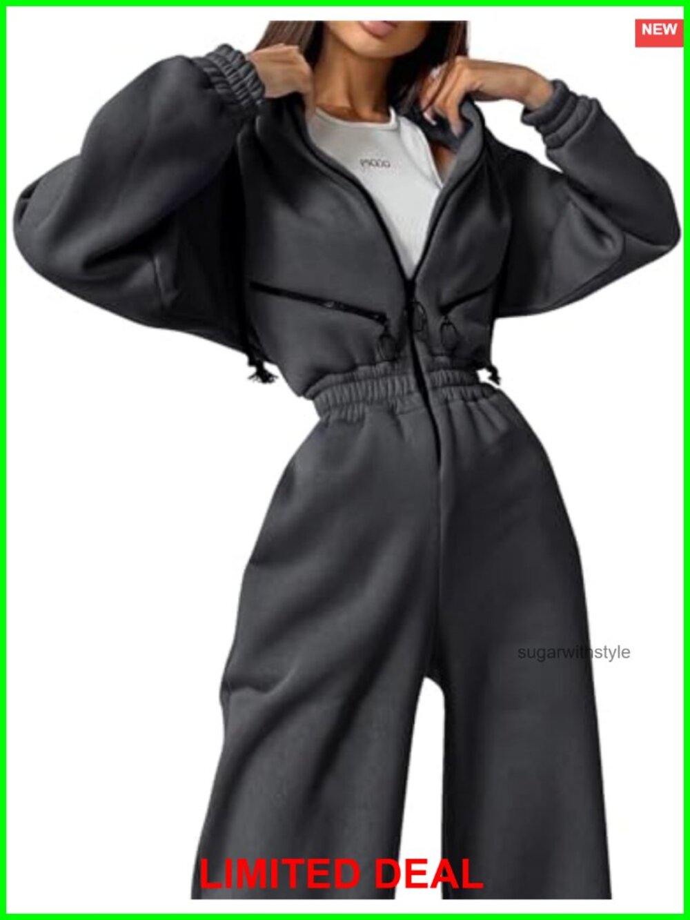 Fleece Jumpsuit One Piece Hooded Sweatshirt Zip Up Long Sleeve